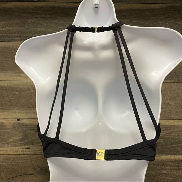 Kenneth Cole Black Halter Neck Strappy Bikini Top Gold Metal Button Detail Large - Picture 6 of 11
